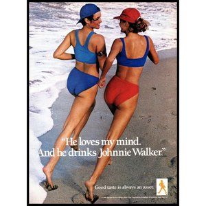 1988 Johnnie Walker Red Label Scotch Vintage Print Ad Women Running on Beach Art